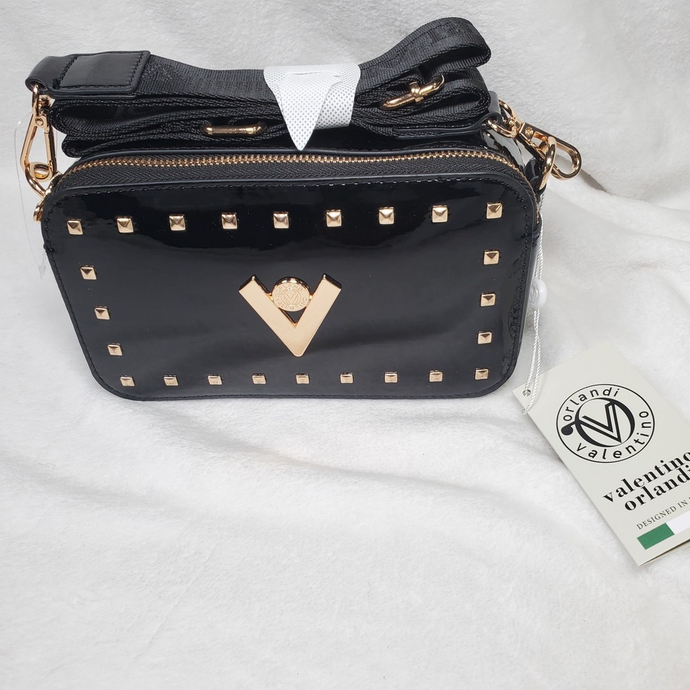Valentino Camera Bag Logo Double Zip/Adjustable Strap Black Glam Whimsgoth Small